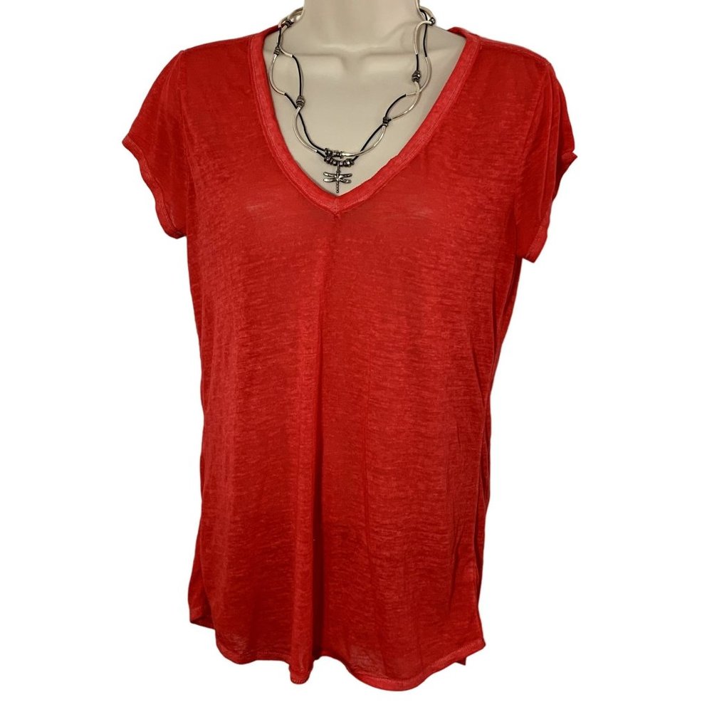 Athleta Sheer Red V-Neck Short Sleeve Top Sz S